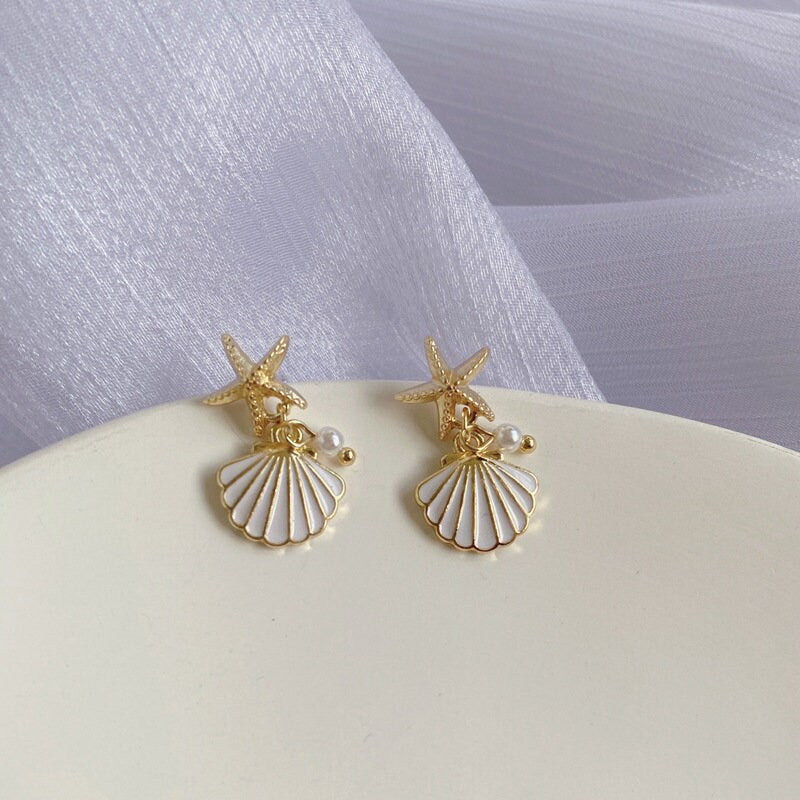Shell earrings, gold star earrings, starfish earrings