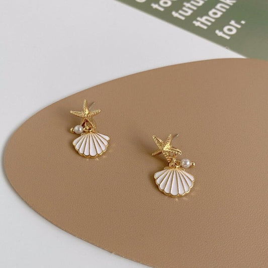 Shell earrings, gold star earrings, starfish earrings