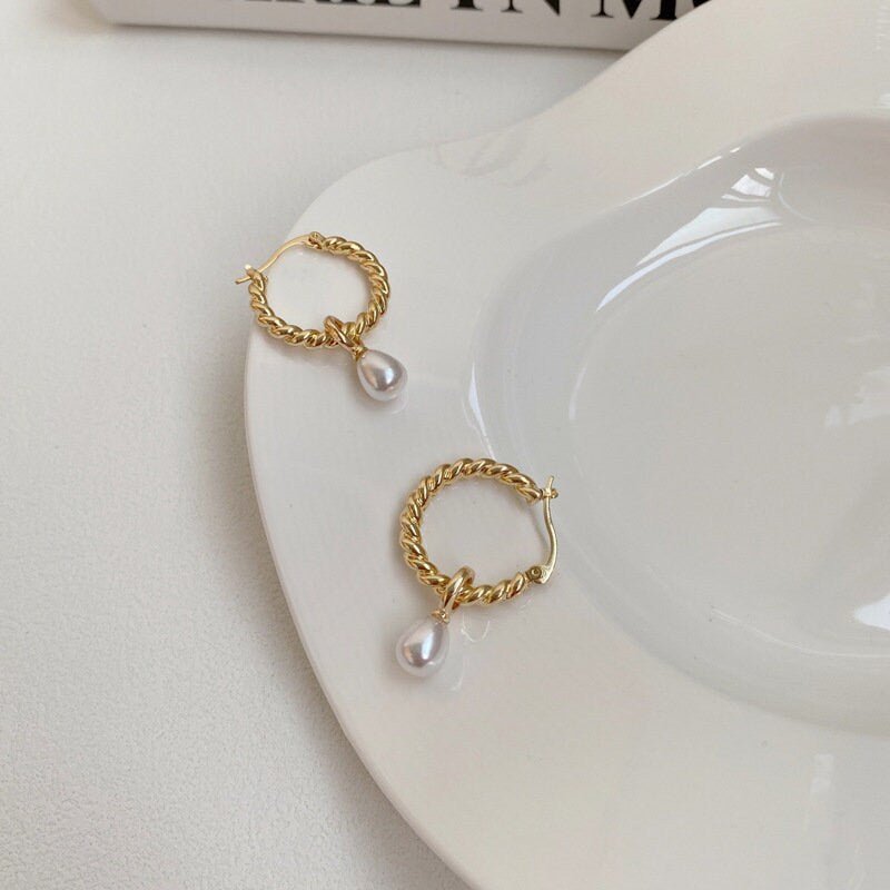 Pearl hoop earrings, baroque pearl earrings