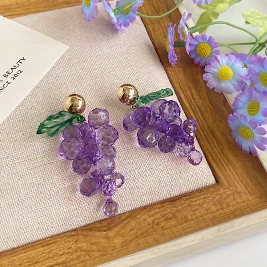 Grapes fruit earrings, purple crystal earrings