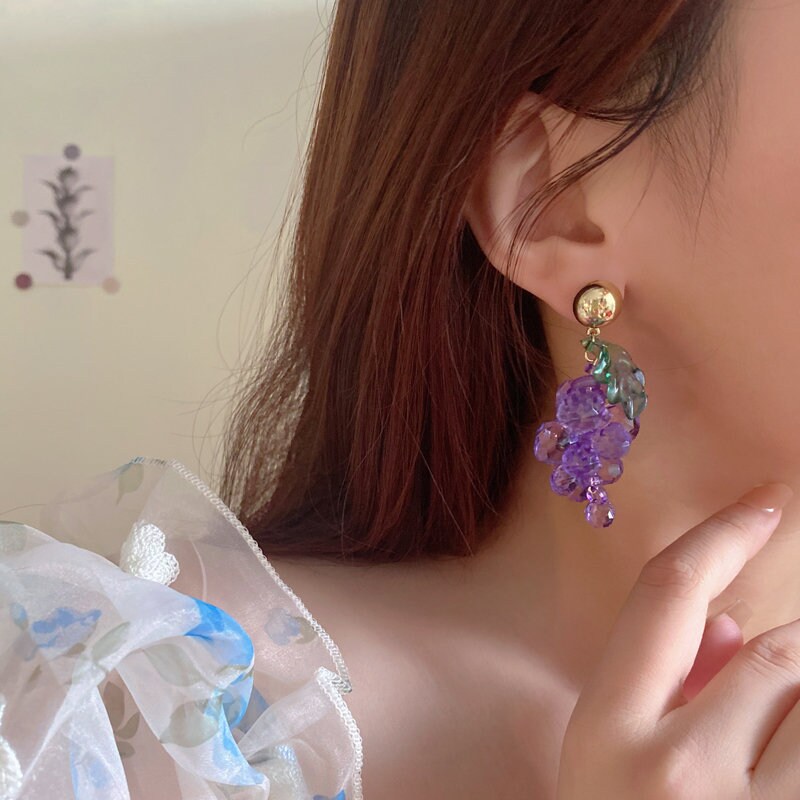 Grapes fruit earrings, purple crystal earrings