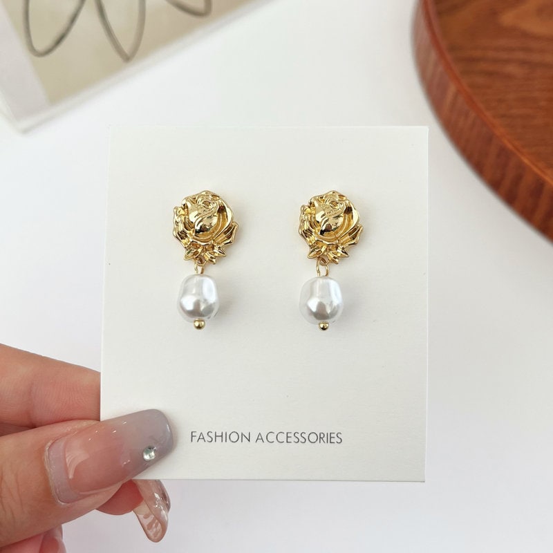 Gold rose earrings, gold flower earrings