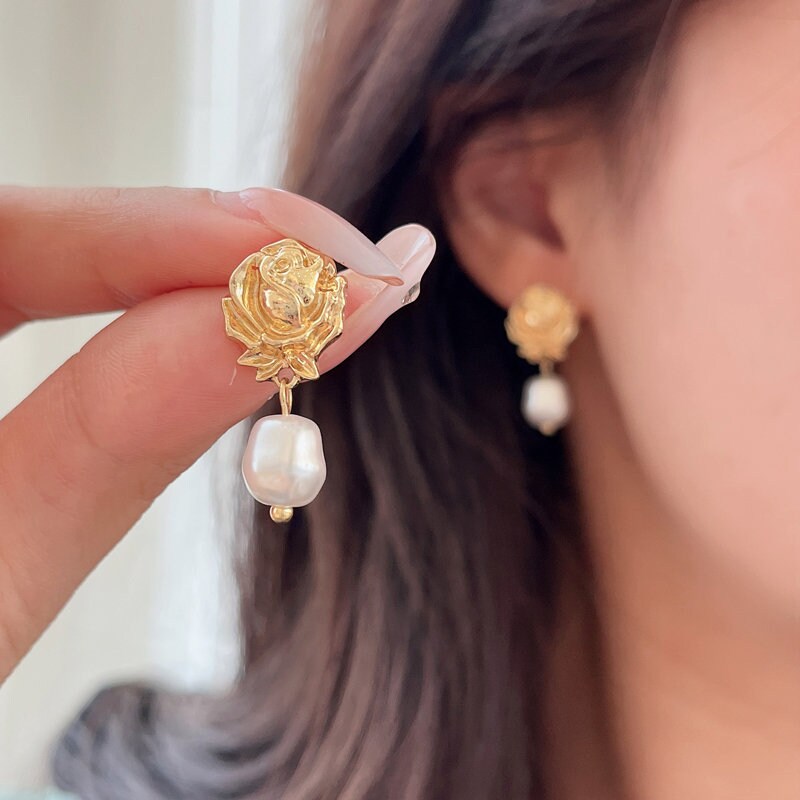 Gold rose earrings, gold flower earrings