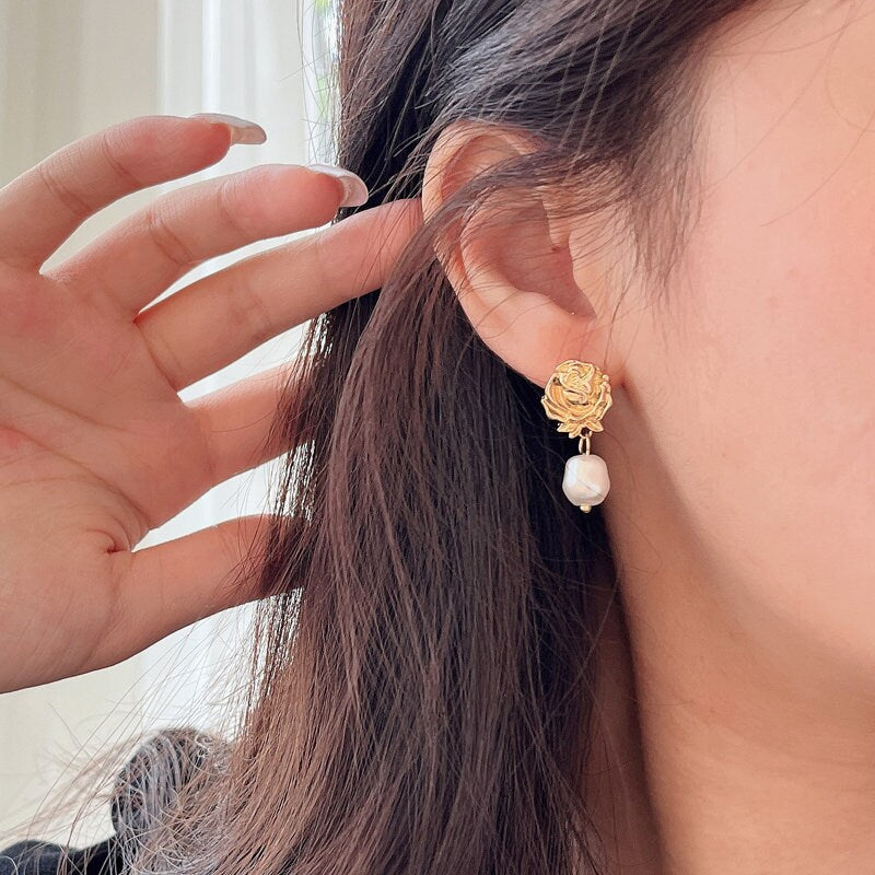 Gold rose earrings, gold flower earrings