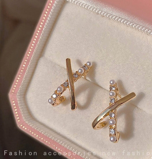 Gold pearl cross earrings, minimal earrings