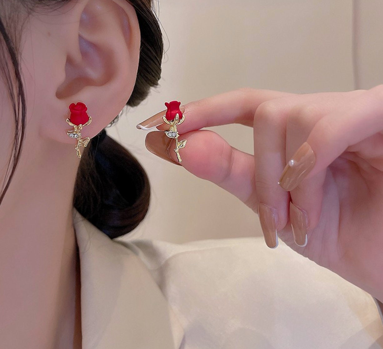 Rose red earrings, red flower earrings