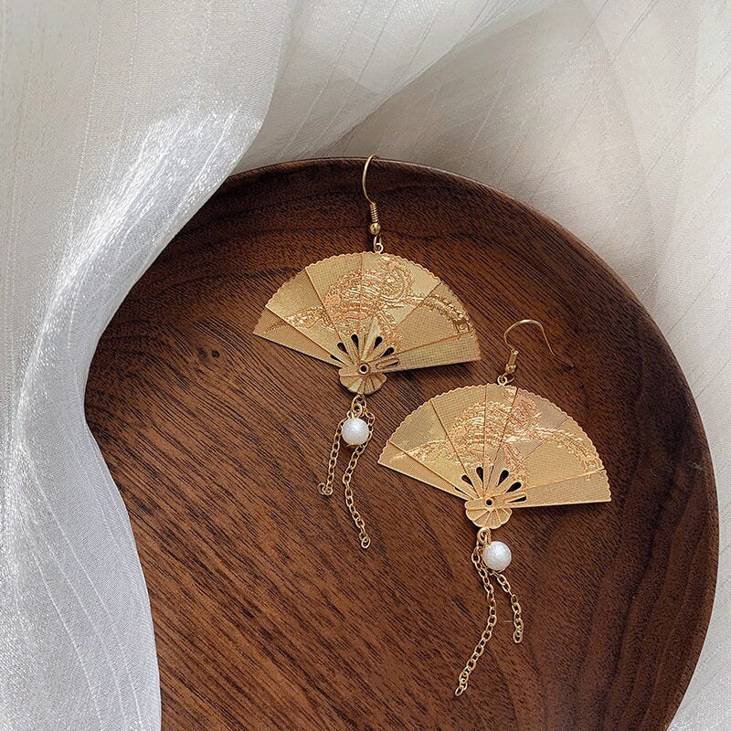 Oriental folding fan earrings, Japanese zen earrings