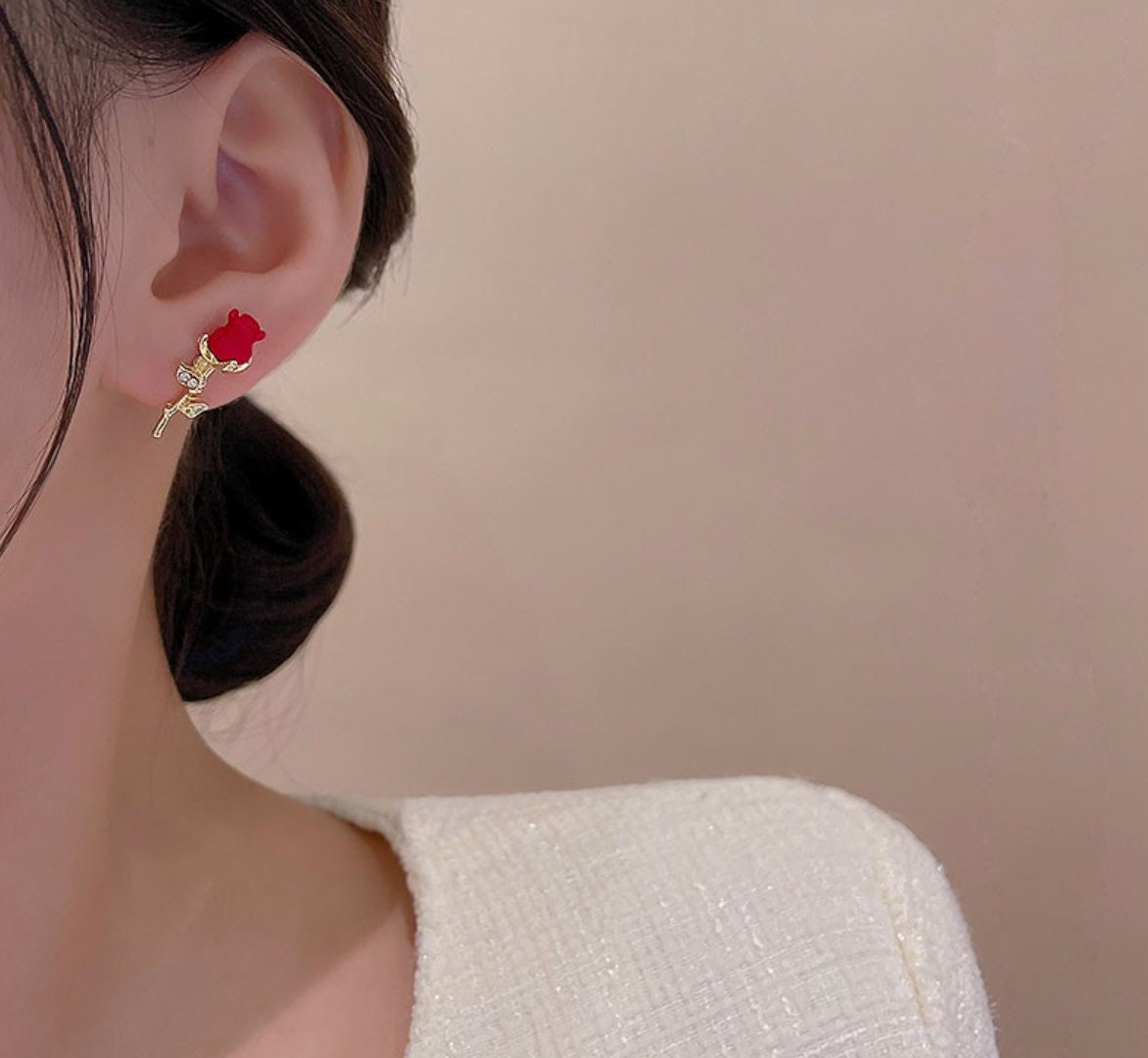 Rose red earrings, red flower earrings