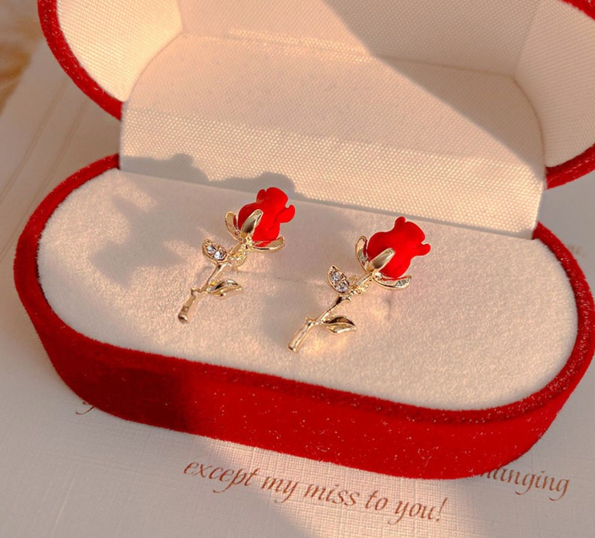 Rose red earrings, red flower earrings