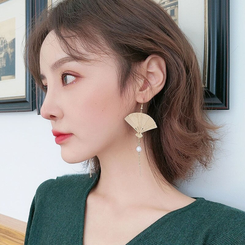 Oriental folding fan earrings, Japanese zen earrings