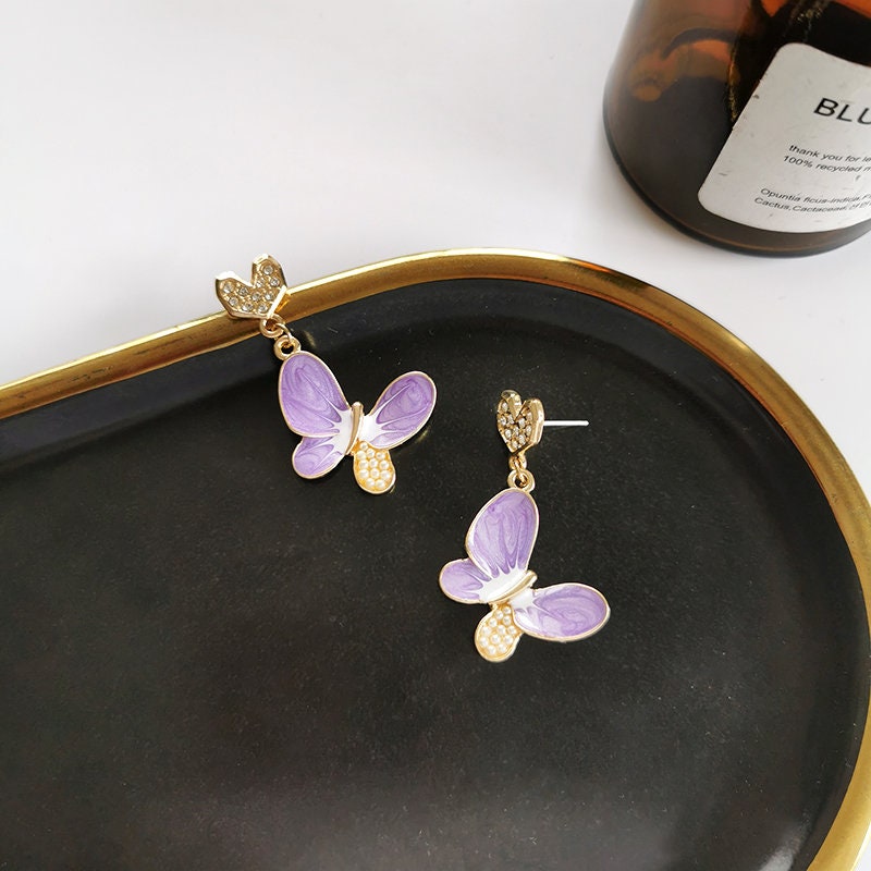 Korean Enamel Butterfly Earrings with Gold Hearts and Sparkling Diamonds - Perfect Spring Jewelry Gift for Her