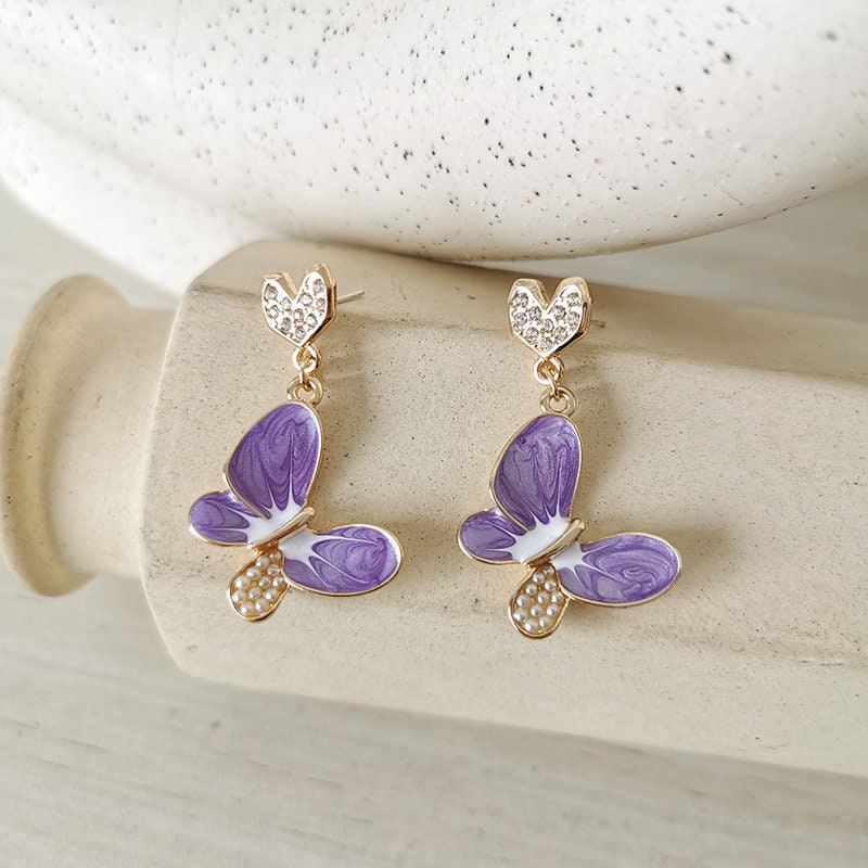 Korean Enamel Butterfly Earrings with Gold Hearts and Sparkling Diamonds - Perfect Spring Jewelry Gift for Her