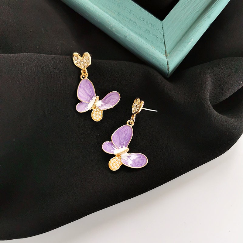 Korean Enamel Butterfly Earrings with Gold Hearts and Sparkling Diamonds - Perfect Spring Jewelry Gift for Her