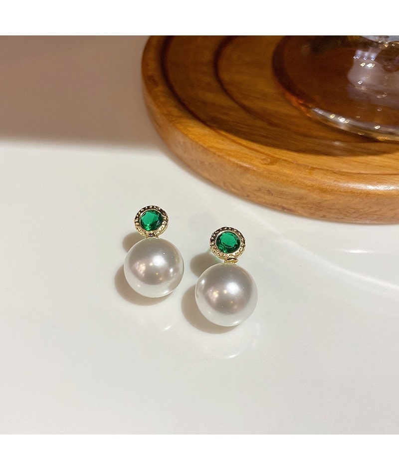 Emerald Pearl Dangle Earrings - Gold Dainty Gemstone Earrings for Women