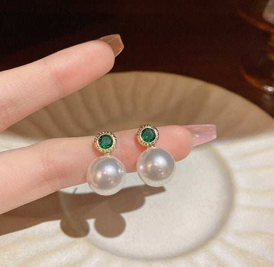 Emerald Pearl Dangle Earrings - Gold Dainty Gemstone Earrings for Women