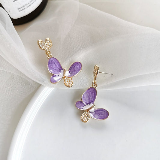 Korean Enamel Butterfly Earrings with Gold Hearts and Sparkling Diamonds - Perfect Spring Jewelry Gift for Her