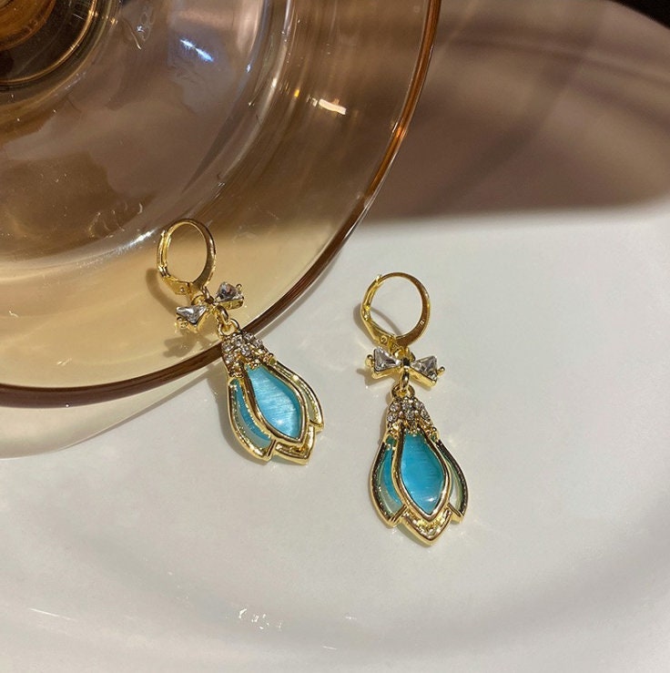 Opal earrings, Blue Antique earrings, Gold Dangle Earrings - wedding earrings, gemstone earrings