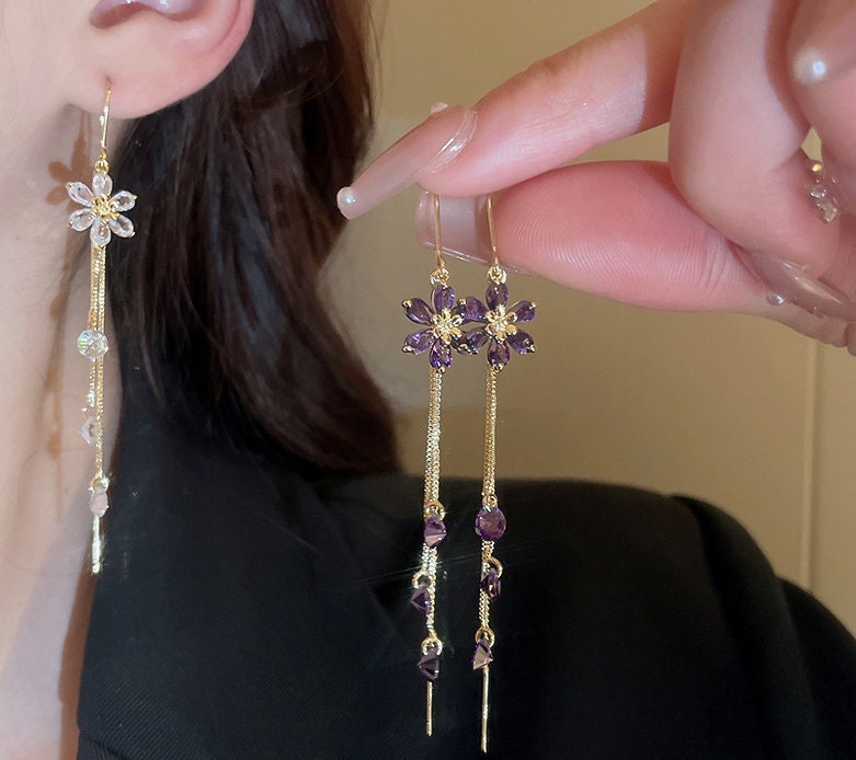 Long tassel earrings, purple flower earrings, gold earrings