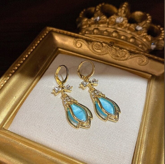 Opal earrings, Blue Antique earrings, Gold Dangle Earrings - wedding earrings, gemstone earrings
