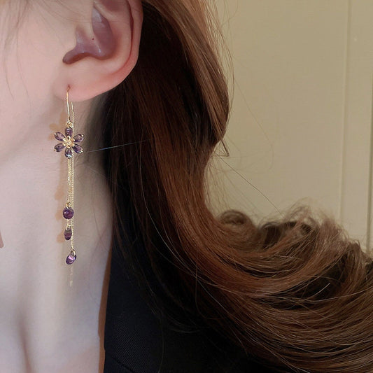 Long tassel earrings, purple flower earrings, gold earrings