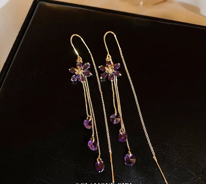 Long tassel earrings, purple flower earrings, gold earrings