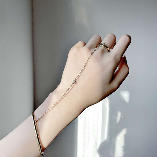Gold Diamond Cuffed Bracelet with Ring - The Perfect Hand Chain & Finger Bracelet