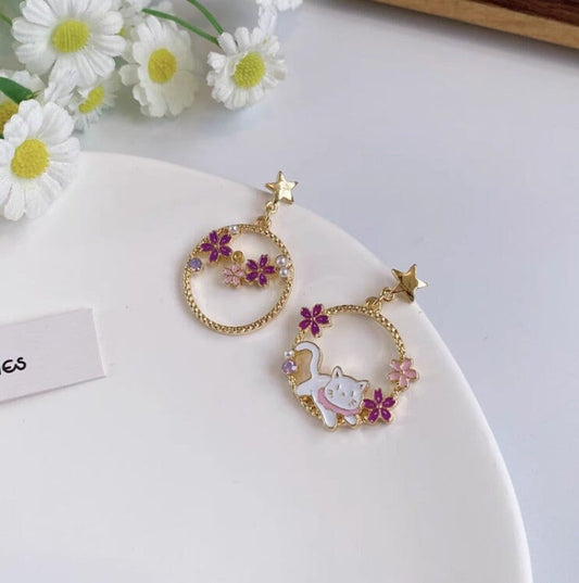 Whimsical Sakura Cat earrings, cherry blossom earrings, animal lover, pink flower earrings, star earrings, Non-Pierce earclips, gift ideas