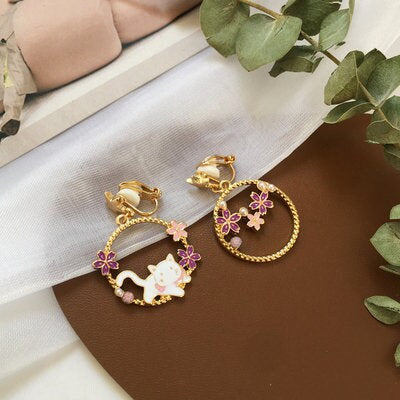 Whimsical Sakura Cat earrings, cherry blossom earrings, animal lover, pink flower earrings, star earrings, Non-Pierce earclips, gift ideas