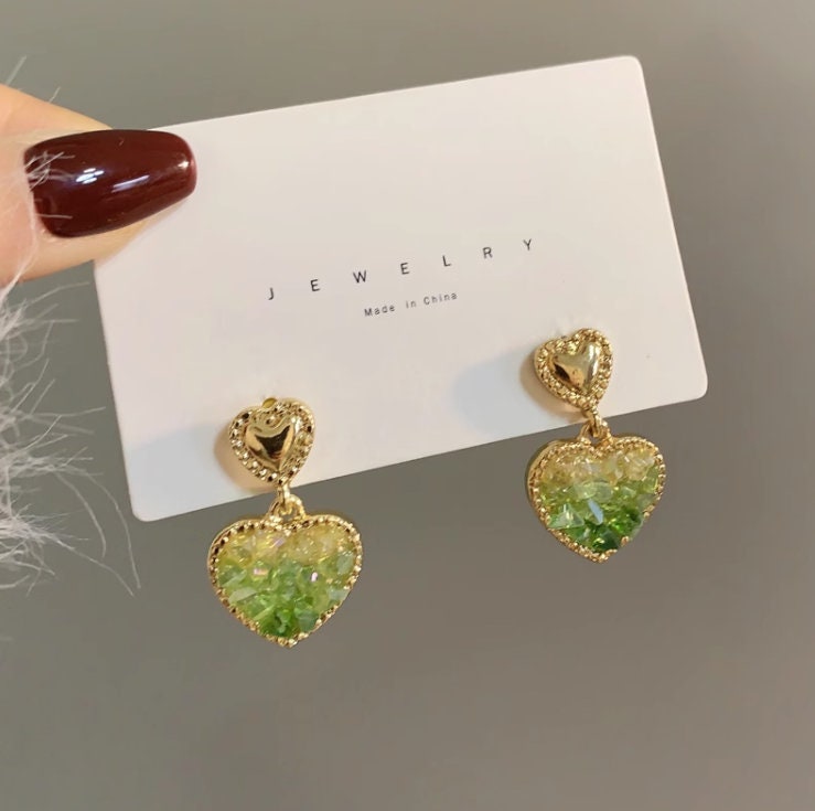 Gold Heart Studs earrings, Sparkling Green Crystal Dangle Earring