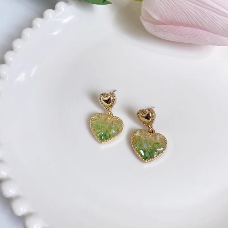 Gold Heart Studs earrings, Sparkling Green Crystal Dangle Earring