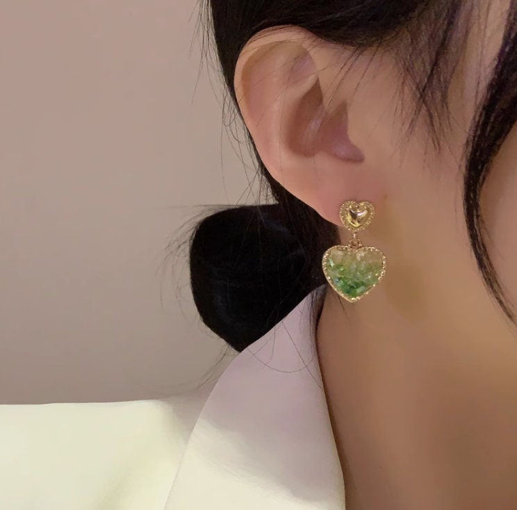 Gold Heart Studs earrings, Sparkling Green Crystal Dangle Earring