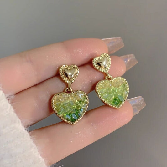 Gold Heart Studs earrings, Sparkling Green Crystal Dangle Earring