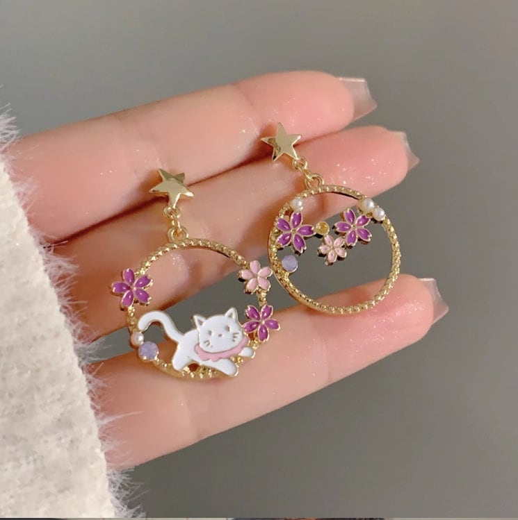 Whimsical Sakura Cat earrings, cherry blossom earrings, animal lover, pink flower earrings, star earrings, Non-Pierce earclips, gift ideas