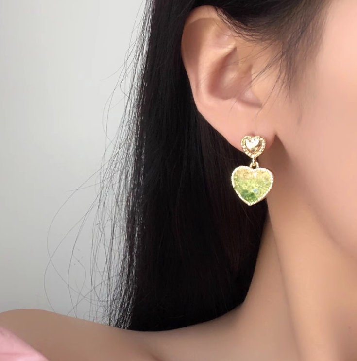 Gold Heart Studs earrings, Sparkling Green Crystal Dangle Earring