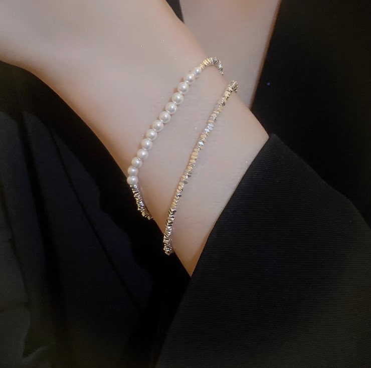 Silver Bead Bracelet, Brass with Gold Plating and Elegant Pearl