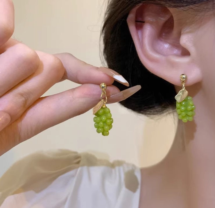 Fruit earrings, Grapes Earrings, leaf earrings: Fun Jewelry in Green - Unique Playful Statement Ear Candy, best gift for her