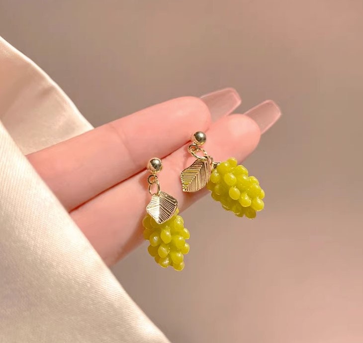 Fruit earrings, Grapes Earrings, leaf earrings: Fun Jewelry in Green - Unique Playful Statement Ear Candy, best gift for her