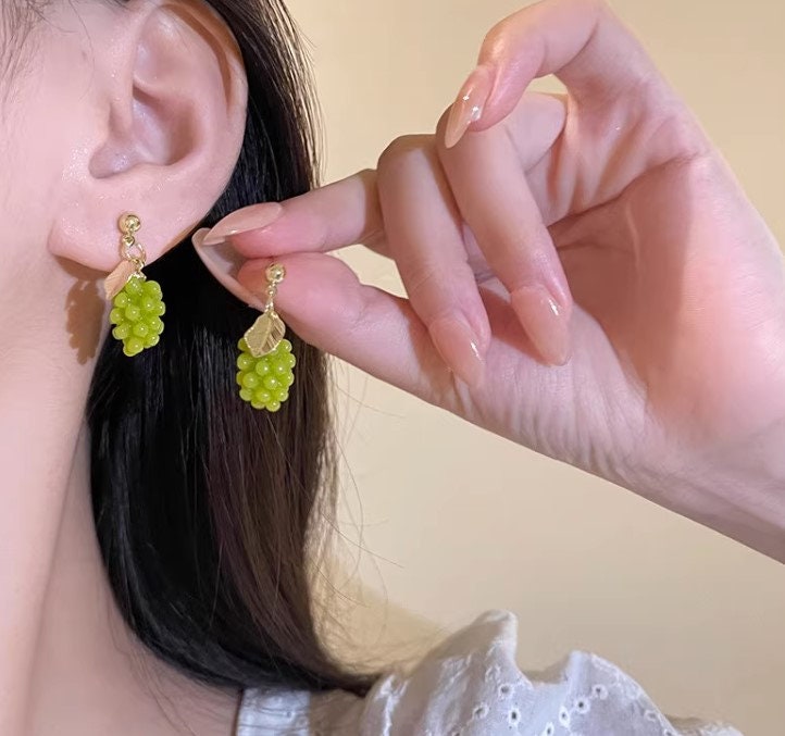 Fruit earrings, Grapes Earrings, leaf earrings: Fun Jewelry in Green - Unique Playful Statement Ear Candy, best gift for her