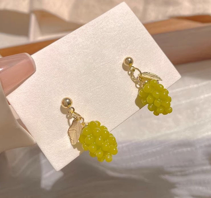 Fruit earrings, Grapes Earrings, leaf earrings: Fun Jewelry in Green - Unique Playful Statement Ear Candy, best gift for her