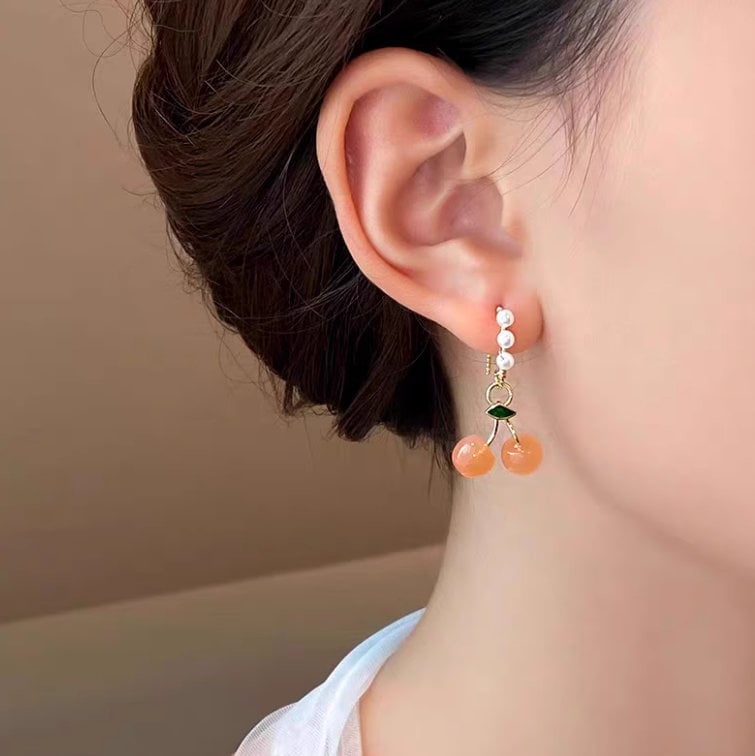 Cute Cherry Earrings with Pearl Ear Hooks - Handmade Fruit Jewelry