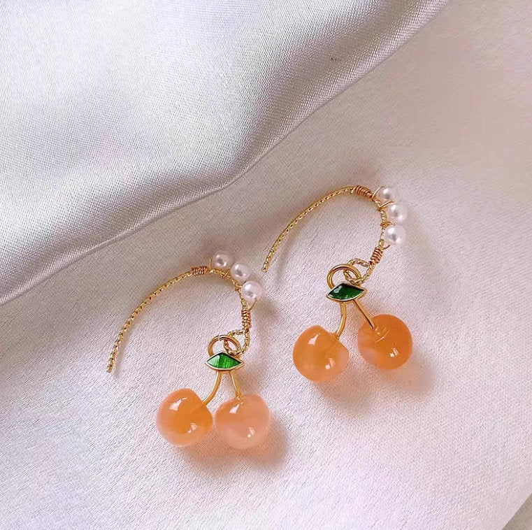 Cute Cherry Earrings with Pearl Ear Hooks - Handmade Fruit Jewelry