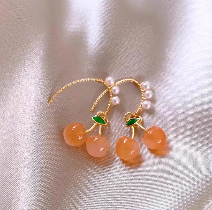 Cute Cherry Earrings with Pearl Ear Hooks - Handmade Fruit Jewelry