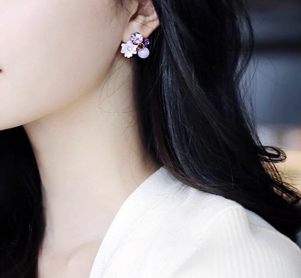 Amethyst Crystal Stud Earrings: Purple Flower French Vibes