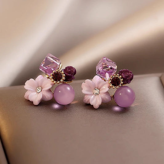 Amethyst Crystal Stud Earrings: Purple Flower French Vibes
