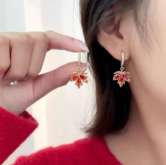 Maple Leaves Red Gem Earrings, ear dangling hoop, autumn, Fall & Winter