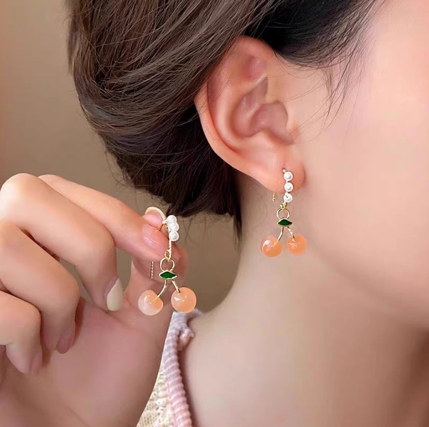 Cute Cherry Earrings with Pearl Ear Hooks - Handmade Fruit Jewelry